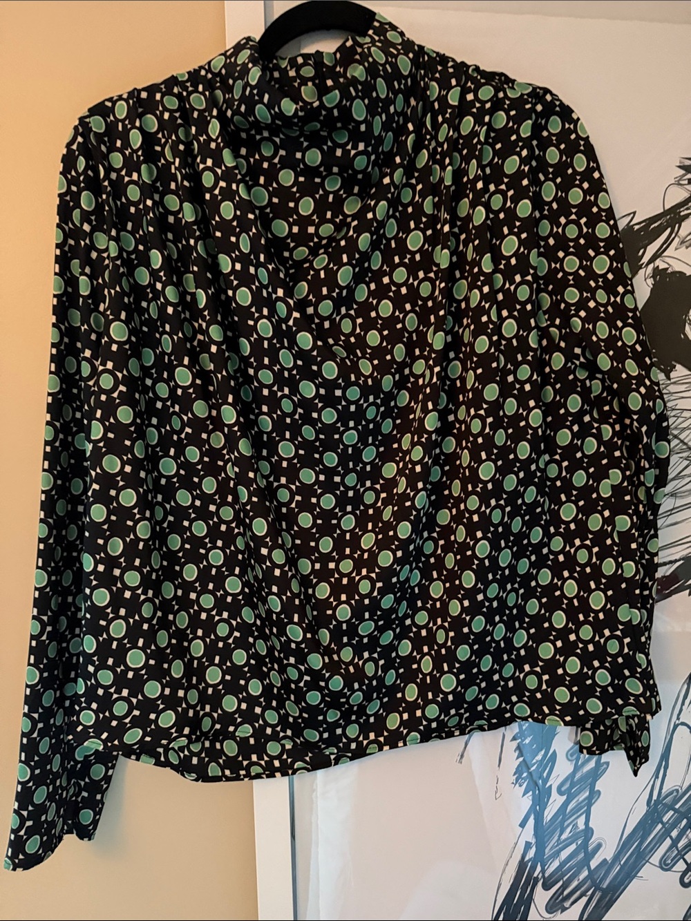 Zara Black Blouse with Mint Green and Cream Geometric Print